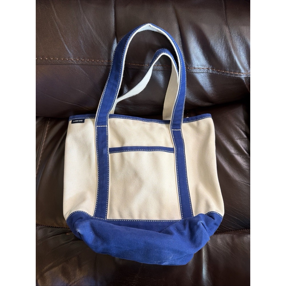 Lands End Boat Tote Bag Heavy Canvas Ivory Navy 13x15 2018 Beach Purse Straps